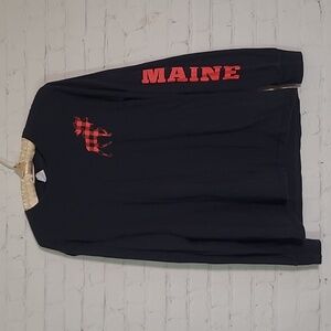 Port & Company Maine Logo Spellout Red Plaid Moose Long Sleeve Tee Womens Small